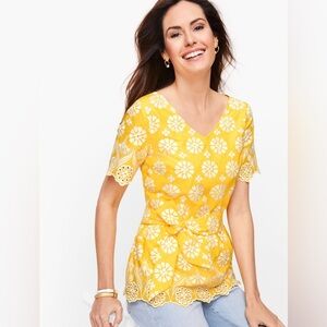 Talbots Top 12 Embellished Border Peplum Embroidered Yellow Floral Eyelet Belted